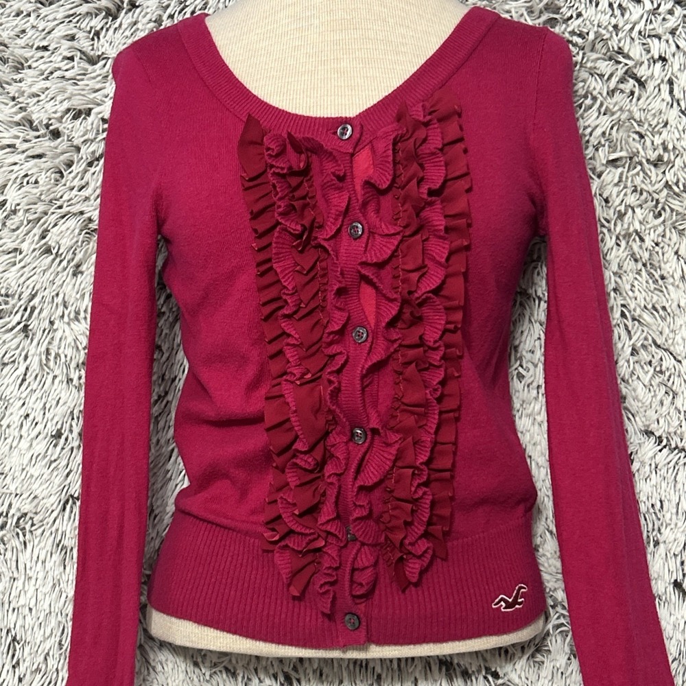 Fuchsia Hollister Ruffle Sweater Cardigan Balletcore Love Barbie Soft Knit Y2K